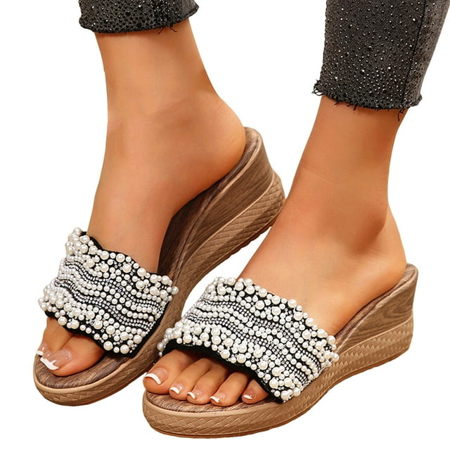 Womens Rhinestones Pearl Dress Sandals Sparkly Bridal Wedding Platform Wedge Wooden Footbed Beach Slip on
