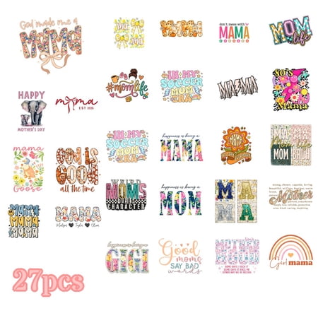 27 Sheets Mother's Day Iron On Transfers, DTF Transfer Ready to Press for T-Shirts, Mama Mom Life Happy Mother , DIY Gift for MAMA, Waterproof Heat Transfer Vinyl for Apparel