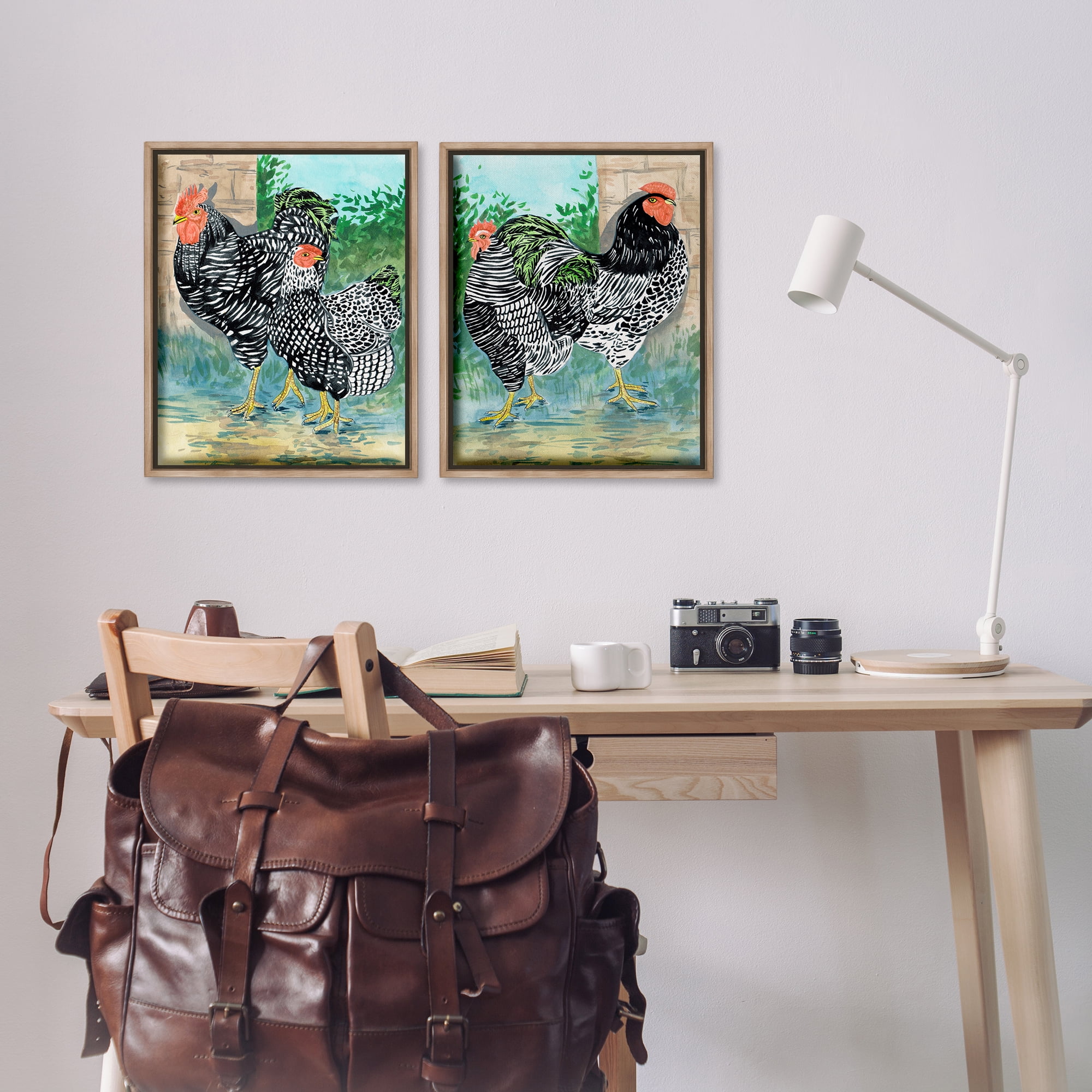 Stupell Industries Rooster and Hen Foraging Animals Painting Brown Floater Framed Canvas Art Print Wall Art, 17 x 21, Set of 2