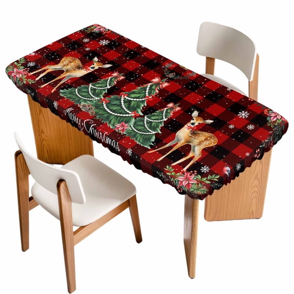 Christmas Deer Table Cloths for 4 Foot Rectangle Tables, Winter Xmas Snowflakes Bow Tree Red Black Patio Waterproof Elastic Fitted Tablecloths, Washable Rectangular Table Cover for Camping