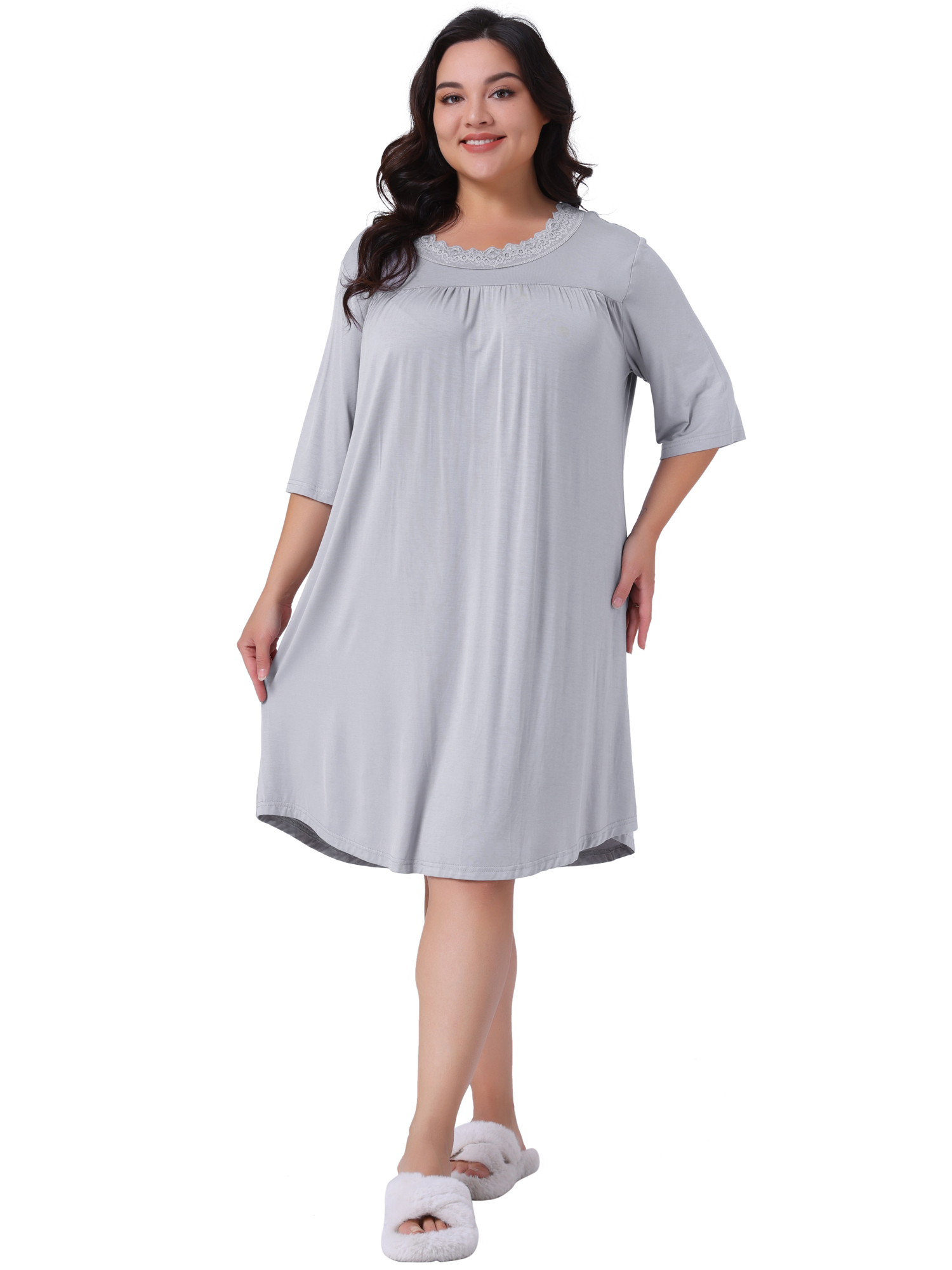 DARING DIVA Women's Plus Size 3/4 Sleeve Lace Crew Neck Comfy Nightgown 1X Light Gray