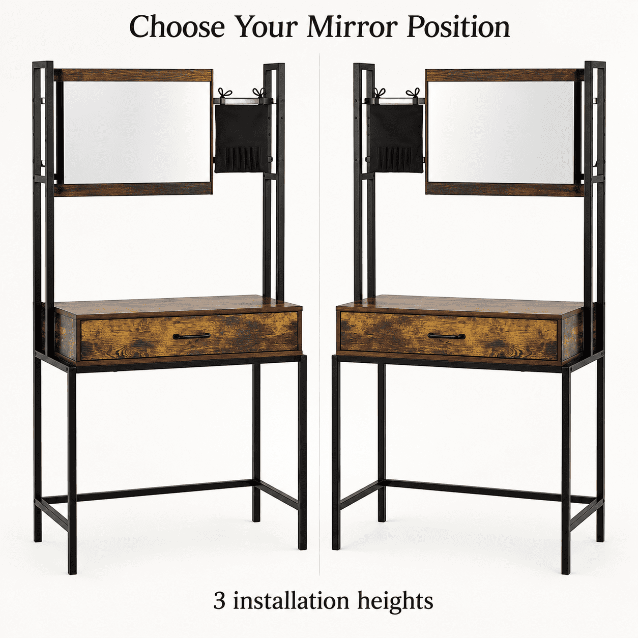Furnibear Industrial Vanity Table with 3-Height Adjustable Mirror, Makeup Dressing Table with Sliding Drawer and Brush Bag, Rustic Brown