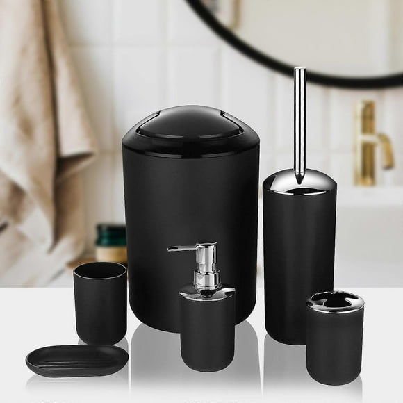 6 Piece Bathroom Accessory Set With Soap Dispenser Pump, Toothbrush Holder, Toilet Brush, Trash Can,tumbler And Soap Dish