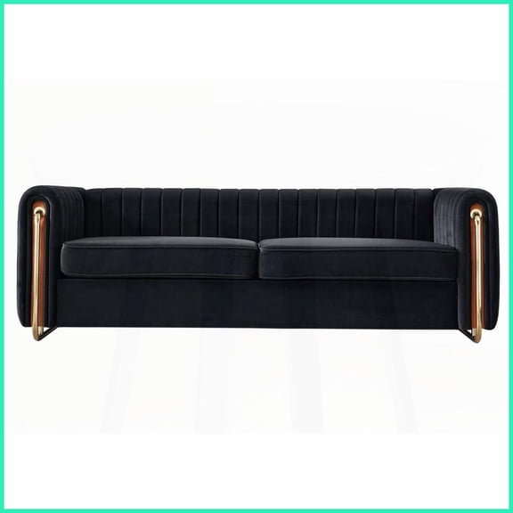 Modern Luxury Velvet Sofa 84.25''W - Black Channel-Tufted Couch for Living Room with Gold Steel Legs