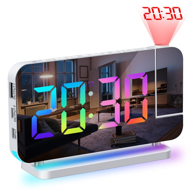 Zootealy Multifunctional Smart Mirror Digital Alarm Clock with RGB Projection, Snooze Function, and USB Charging - White, 7" Color-changing Night Light, 12/24H Mode, 5-60min Snooze, 10 Atmosphere