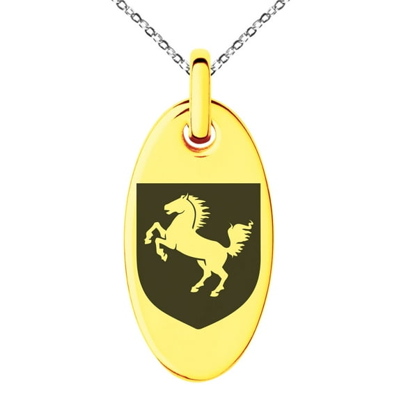 Stainless Steel Horse Battle Coat of Arms Shield Engraved Small Oval Charm Pendant Necklace