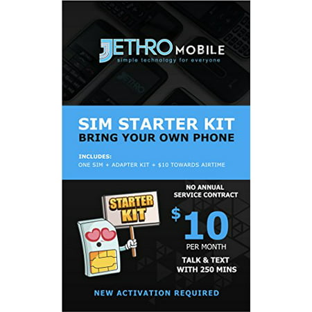 Jethro Mobile Prepaid Starter Kit Plan, SIM card + 250 Minutes, Senior Cell Phone, Prepaid, Plan, NO Contract network connection, 3-in-1(Universal: Standard, Micro, Nano