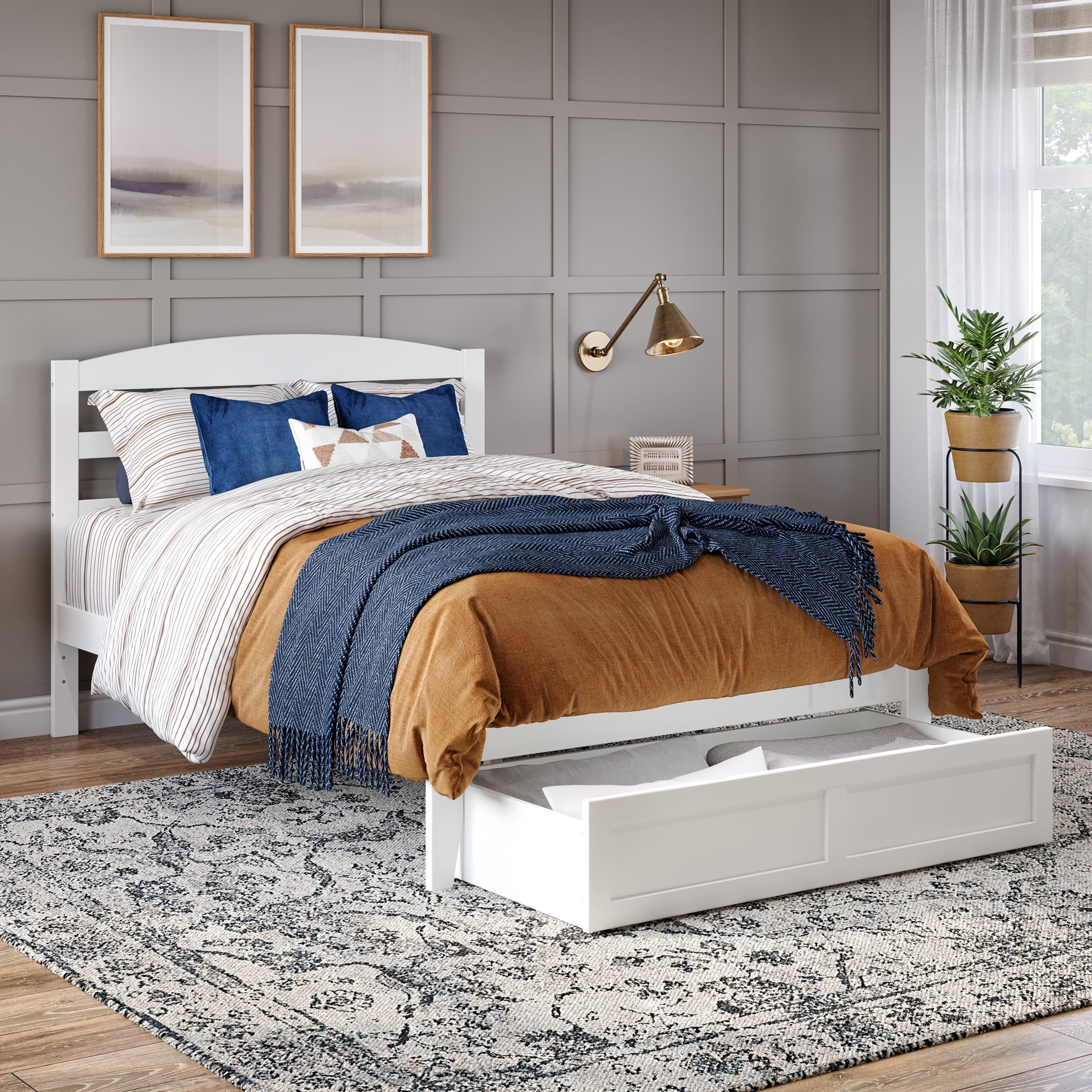 AFI Warren 14" Queen Wood Platform Bed Frame with Foot Drawer Storage, White