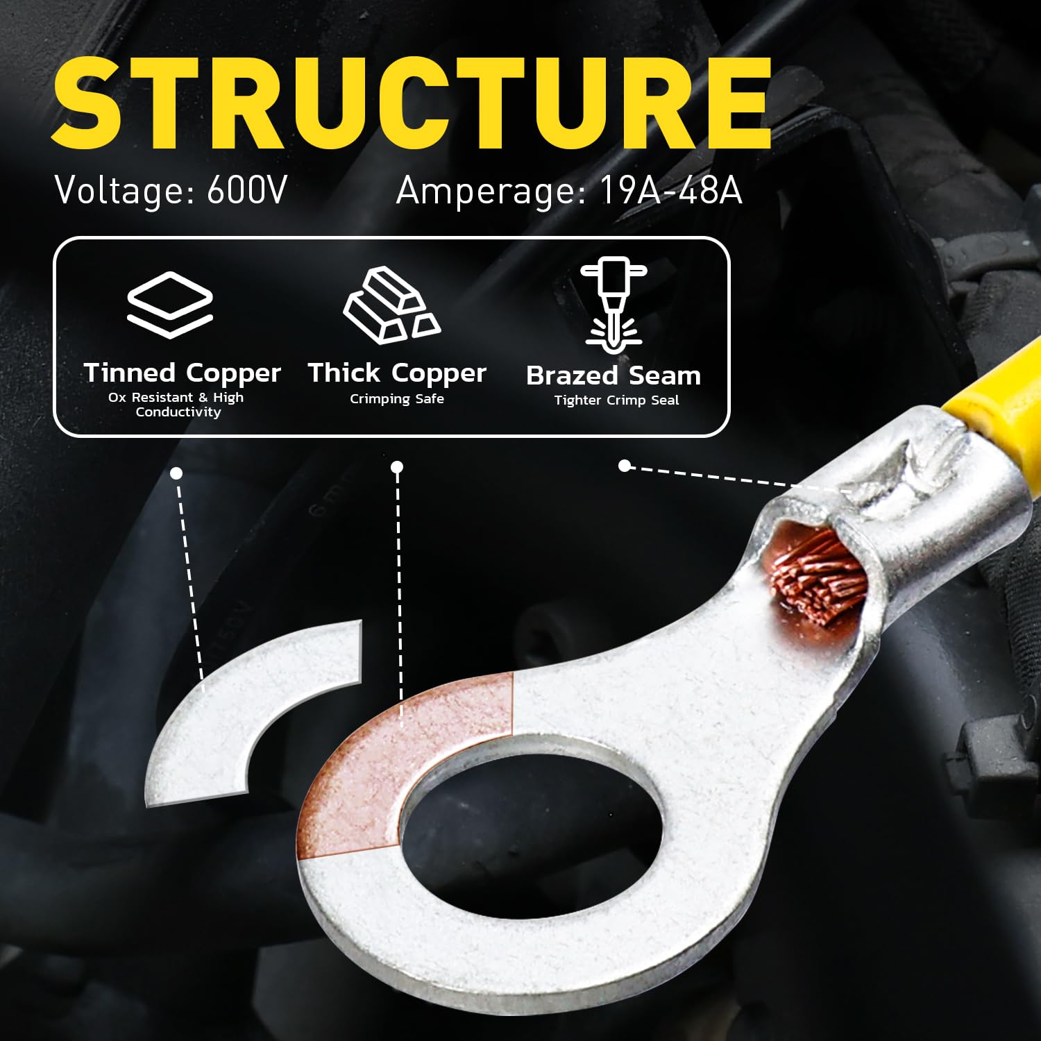 Non-insulated wire connector kit, includes 100 3/8 inch ring terminals (22-16) and 100 3:1 heat shrink tubes, suitable for automotive and marine, for welding and soldering wire crimp terminals