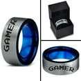 thumbnail image 4 of Tungsten Gamer Typography Writing Band Ring 8mm Men Women Comfort Fit Blue Flat Cut Brushed Gray Polished, 4 of 4