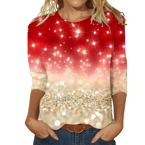 Alitao Sequin Tops Sweatshirt for Women Daily Sequin Printed Crewneck Top Seven Quarter Sleeve T Shirt Printed Flower Loose Top Long Sleeve Shirts Tshirts Shirts Black 5XL