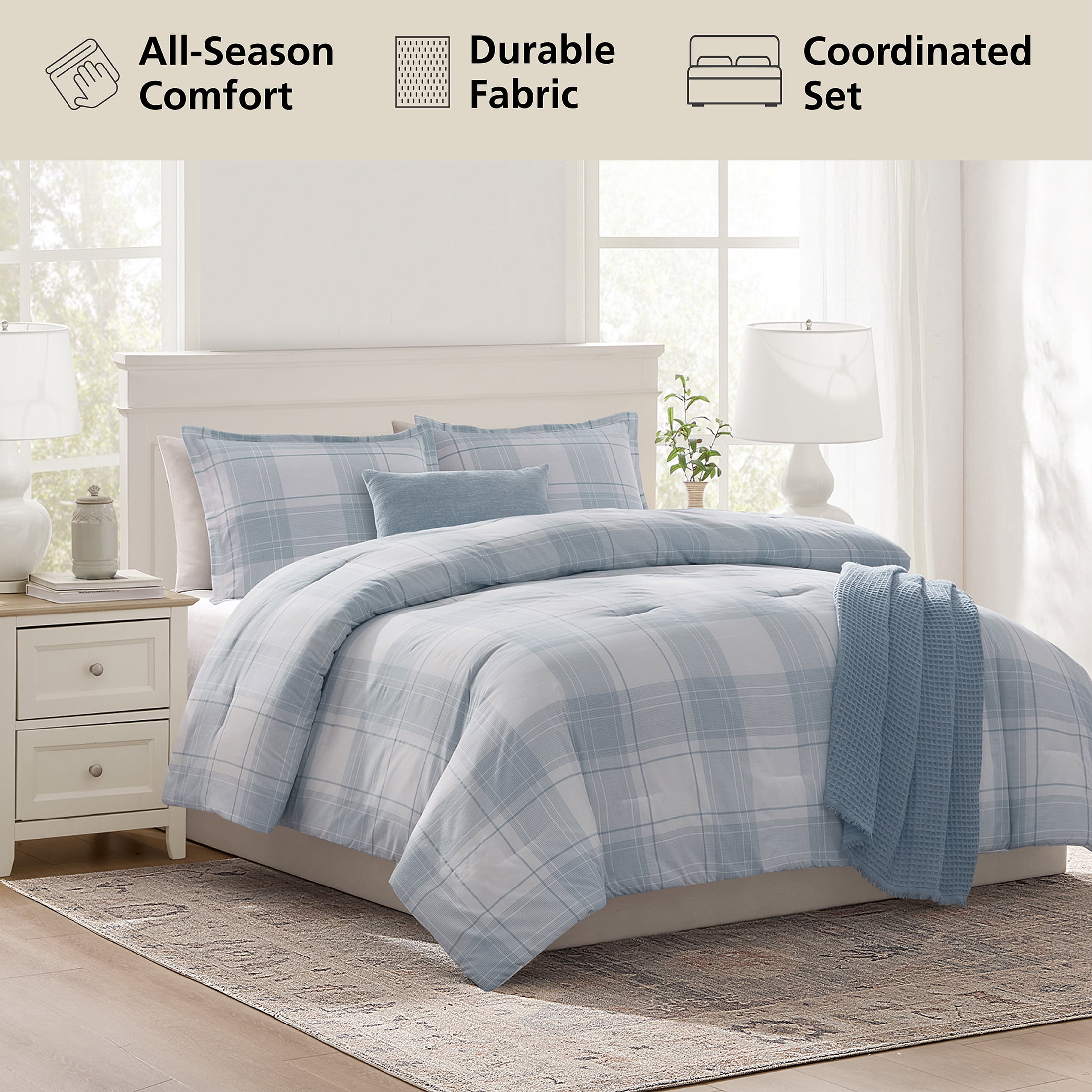 Mainstays Plaid 5-Piece Blue Comforter Set, King