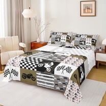 Feelyou Speed Sport Motorcycle Queen Sheet Sets, Check Plaid Patchwork Flat Sheet, Teens Kids Boys Girls Queen Fitted Sheet, Microfiber Bedroom Decor, 4 Pieces