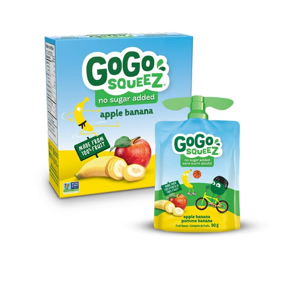 Compote de fruits GoGo squeeZ, pomme banane, sans sucre ajouté. 90 g par gourde, emballage de 4 4 gourdes x 90 g (360 g)