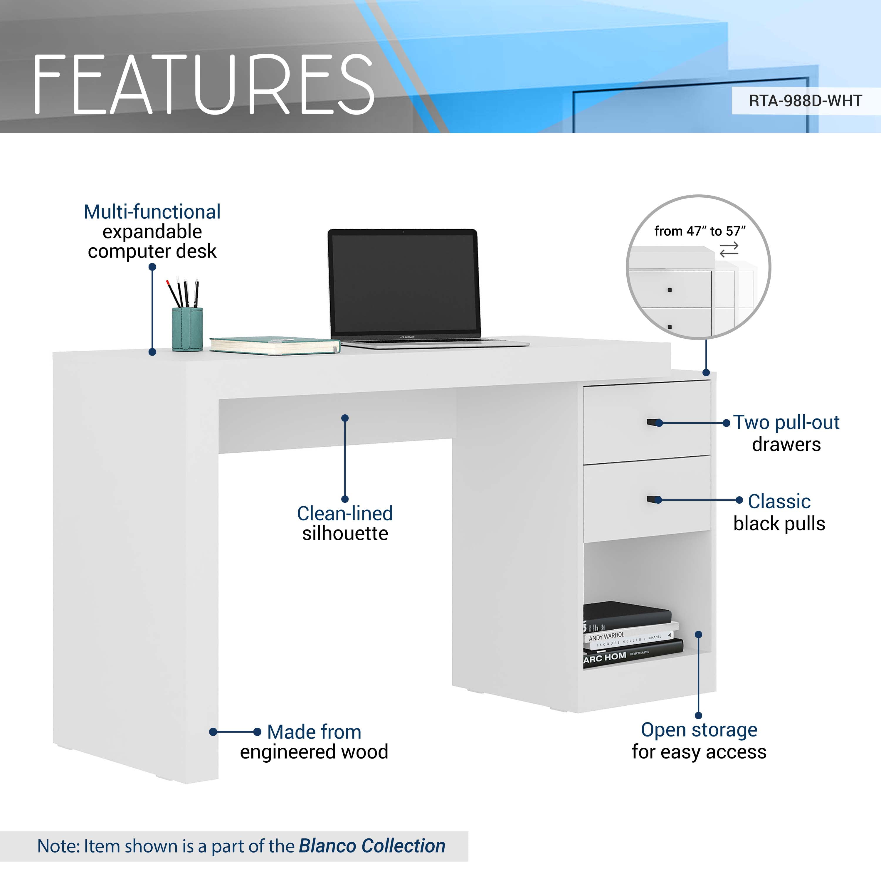 Expandable Home Office Desk, Heavy-Duty Engineered Wood Writing Table with 2 Storage Drawers & Open Bottom Shelf, Modern Expandable Workstation for Cassa Collection