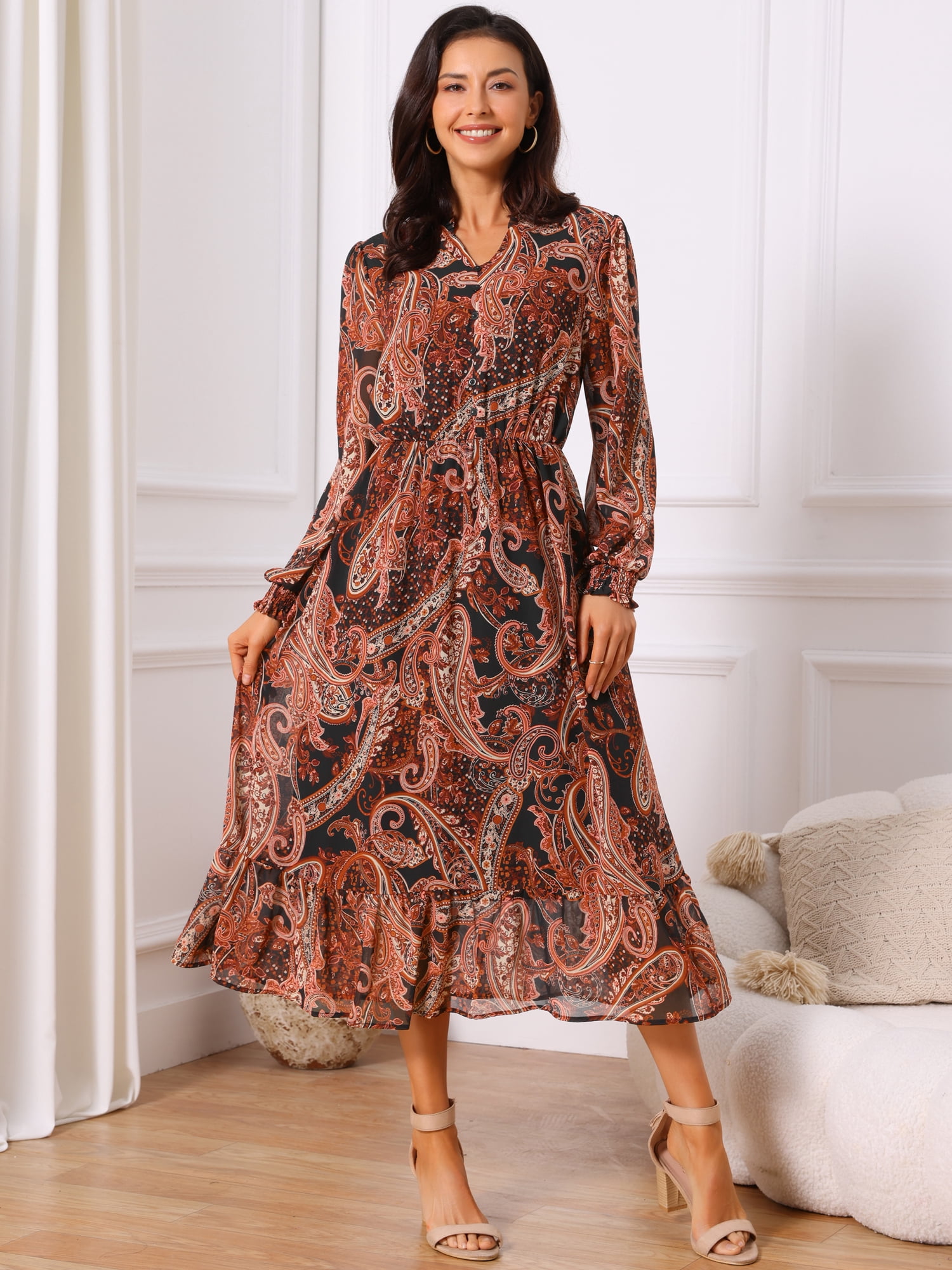 DARING DIVA Women's V Neck Long Sleeve Smocked Cuff A-Line Dress M Black