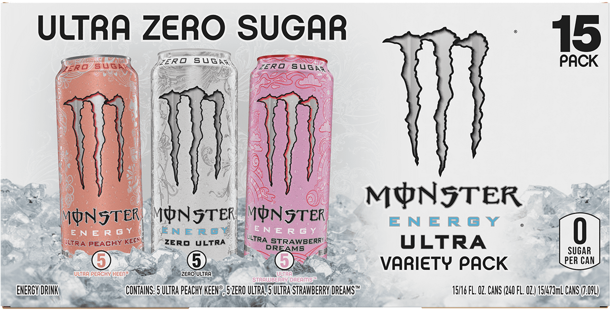 Monster Energy Ultra Variety Pack Energy Drink, Zero Sugar, 15-Pack, 16 Oz Cans