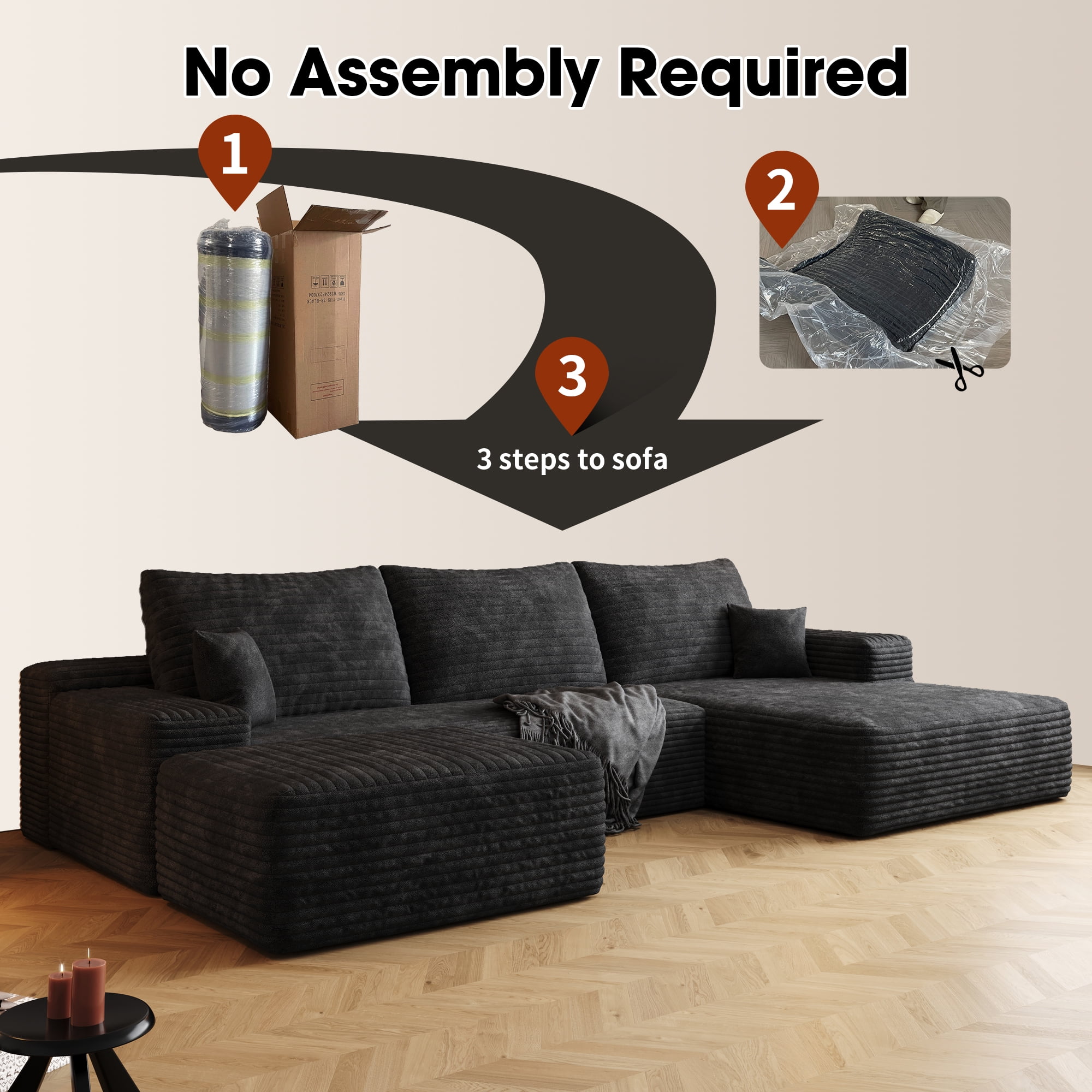 MAYEERTY 107" Black Modern Modular Cloud Sectional - No Assembly, Spacious Comfort Room