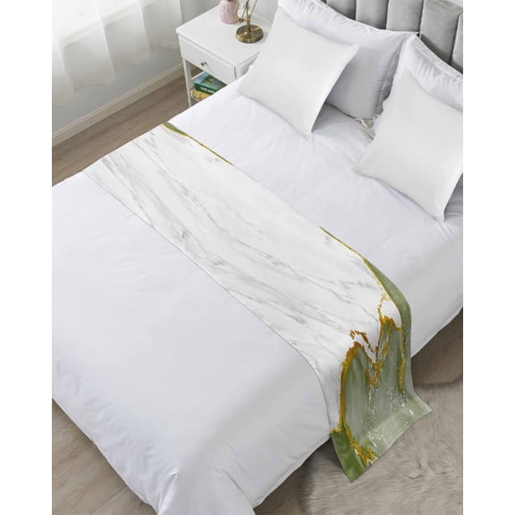 Bed Runner Scarf for Queen Size Bed, Green Gold Marble Beds Scarf Throws for Foot of Bedding, Modern Abstract Marble Crack Texture Decorative Beds Runners for Bedroom Guestroom, 83"x20"