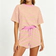thumbnail image 3 of KIHOUT Women's Striped 2 Piece Outfit Short Sleeve Crew Neck Top and Drawstring Waist Shorts Set Casual Summer Tracksuit Loose Fit Stretchy Pajama Sets for Women Daily Wear Vacation, 3 of 6