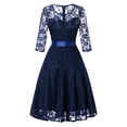 thumbnail image 4 of Brglopf Women's Vintage Formal Cocktail Party Dresses Crew Neck Floral Embroidery Sheer Mesh Long Sleeve Dress for Wedding Guest A-line Swing Midi Dress Navy Blue M, 4 of 7