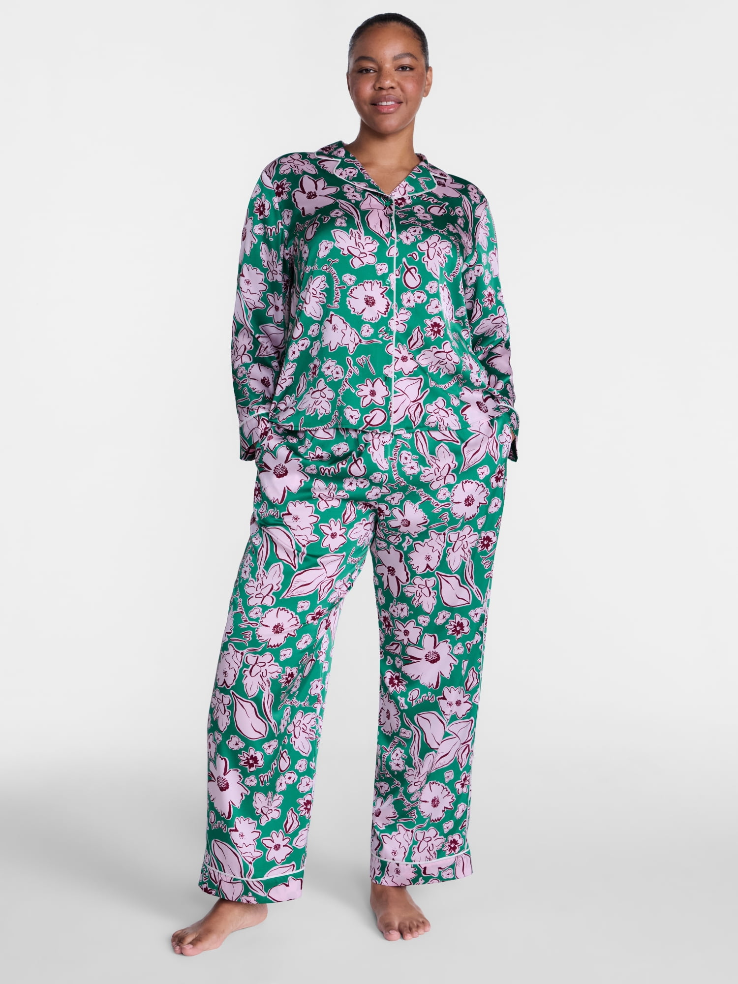 Joyspun Women’s Stretch Satin Sleep Top and Pants, 2-Piece Set, Sizes XS to 3X