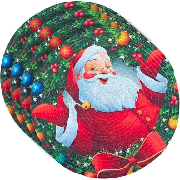 4Pcs Merry Christmas Cotton Rope Woven Placemats – 15 Inch Round Dining Mats with Santa Claus Print, Holiday Table Décor for Parties, Cafes & Kitchen (Red-Green)