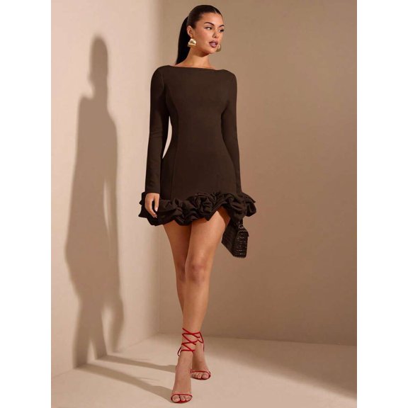 Coffee Brown Long Sleeve Mini Dress With Ruched Hem Elegant Womens Bodycon Dress