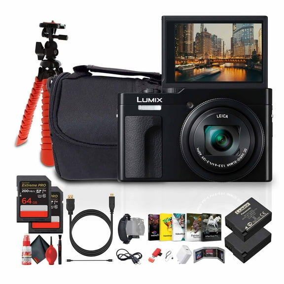 Panasonic TZ99 / ZS99 Point and Shoot Compact Travel Digital Camera(Black) (DC-TZ99)   Photo Software   2 x 64GB Memory Card   DMW-BLG10 Battery   Camera Bag   Flexible Tripod   USB-C Cable   More