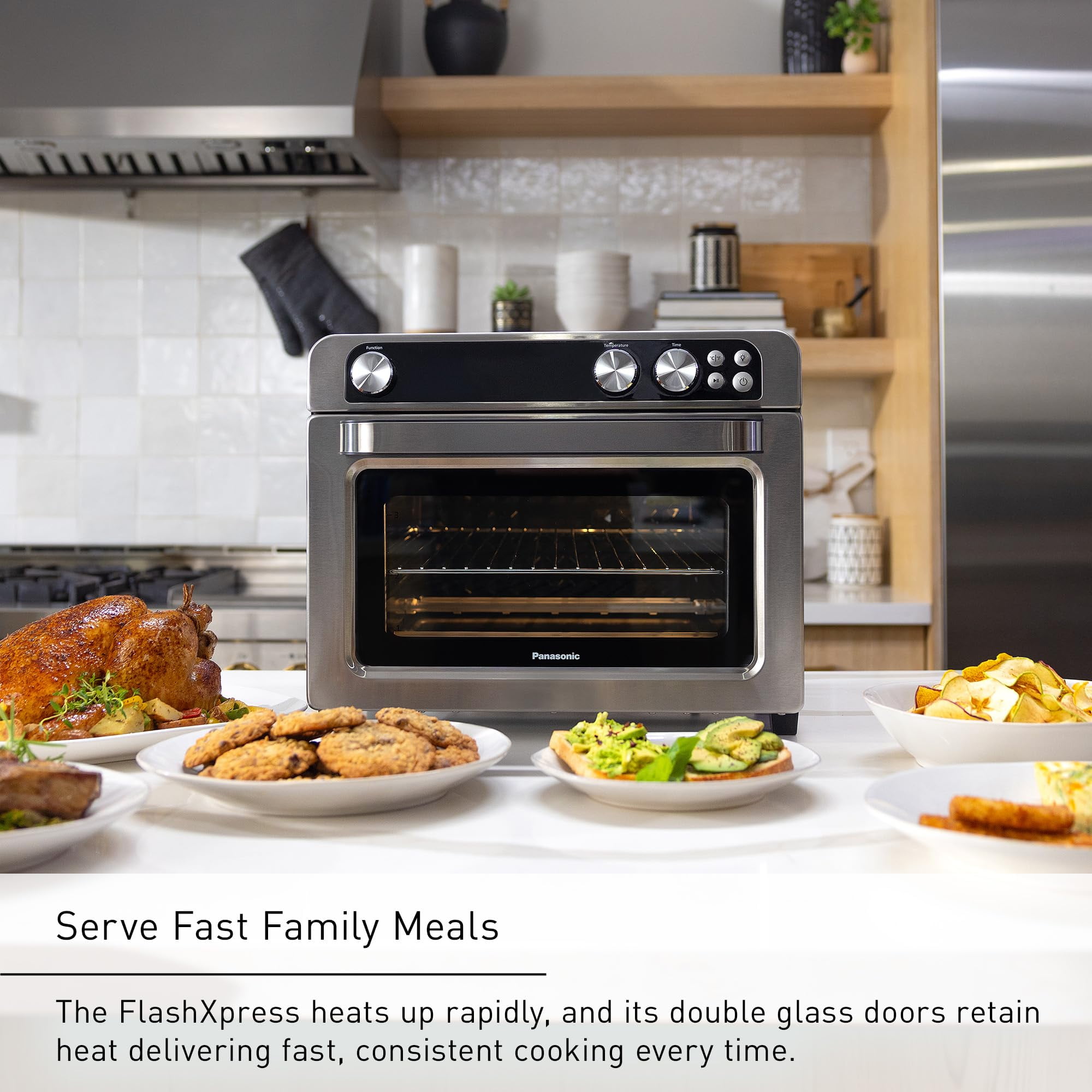 Panasonic FlashXpress Family Size Air Fryer Toaster Oven Combo, 11 Cooking Functions, 1800W -Free, Double Infrared Heating, Temperature Control Dial, Stainless Steel - NB-G211P