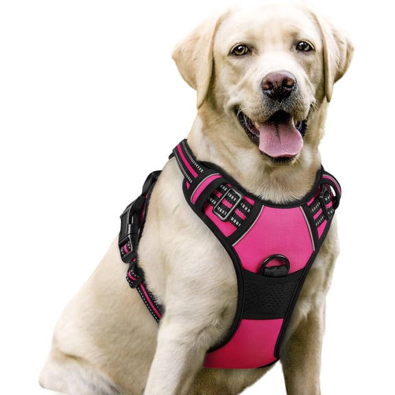 Pigo Dog Harness No Pull Pet Harness with 2 Leash Clips, Adjustable Soft Padded Dog Vest, No Choke Reflective Outdoor Pet Oxford Vest with Easy Control Handle for Large Dogs, Hot Pink