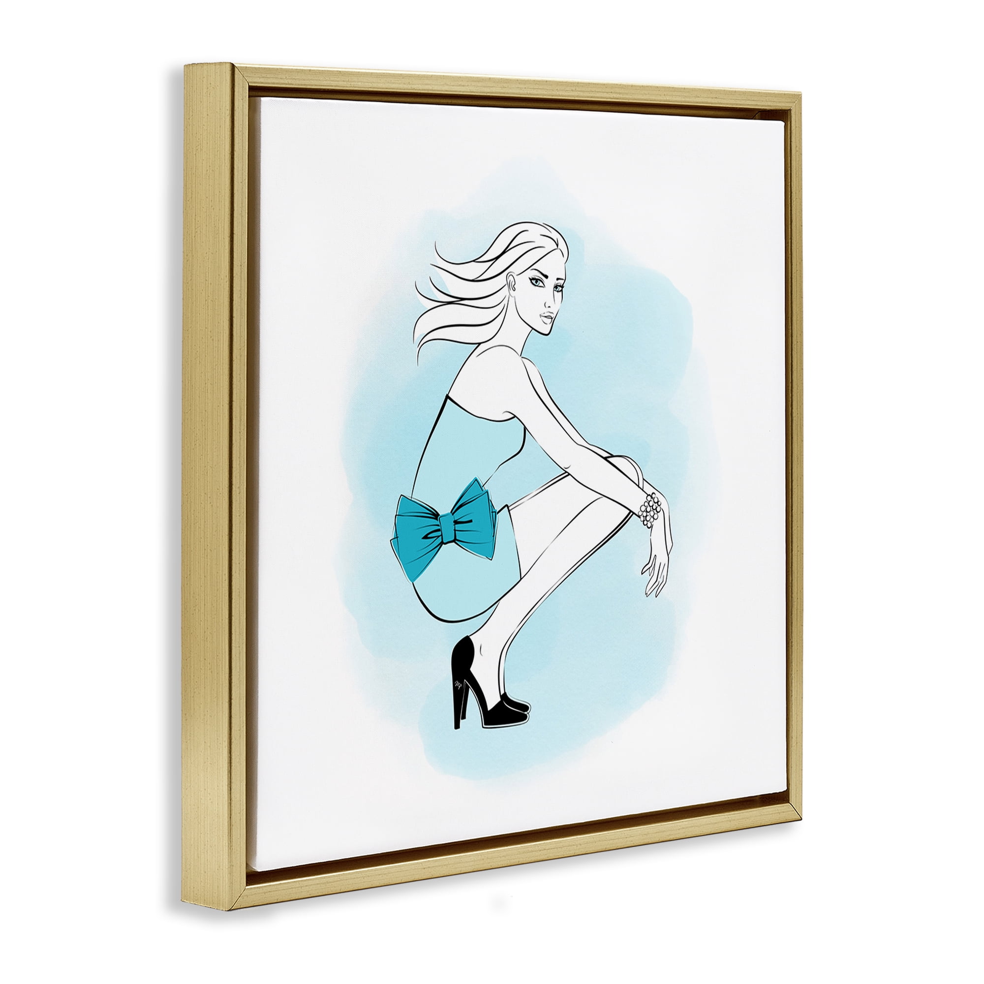 Stupell Industries Girl with Blue Bow Novelty Painting Gold Floater Framed Art Print Wall Art, 25 x 25
