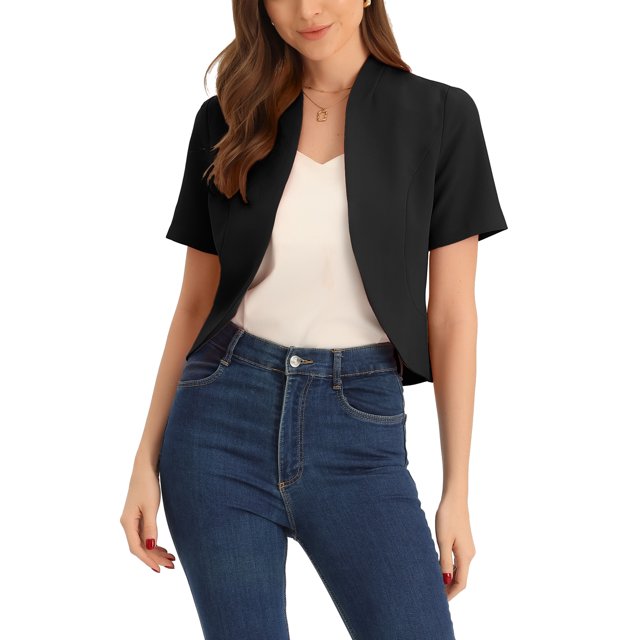 Inspire Chic Blazer de Trabajo para Mujeres con Cuello Chal Abierto y Corto en Negro