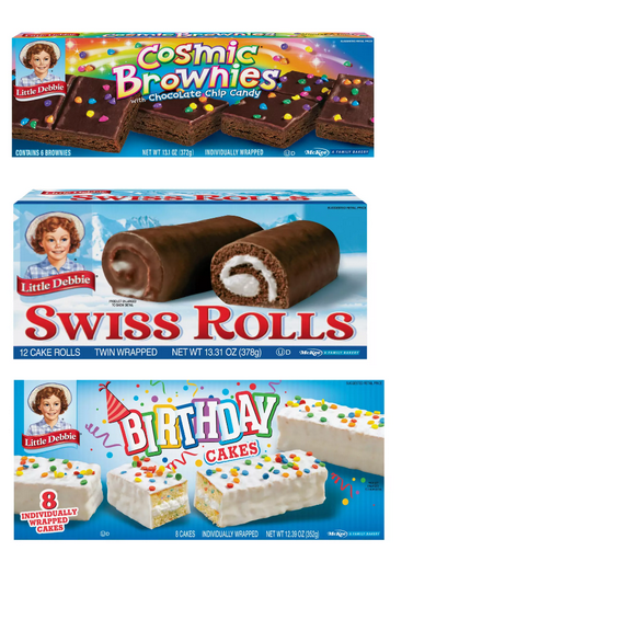 Little Debbie Cosmic Brownies, 6 ct&Little Debbie Swiss Rolls, Twin Wrapped, 12 ct&Little Debbie Birthday Cakes, 8 ct