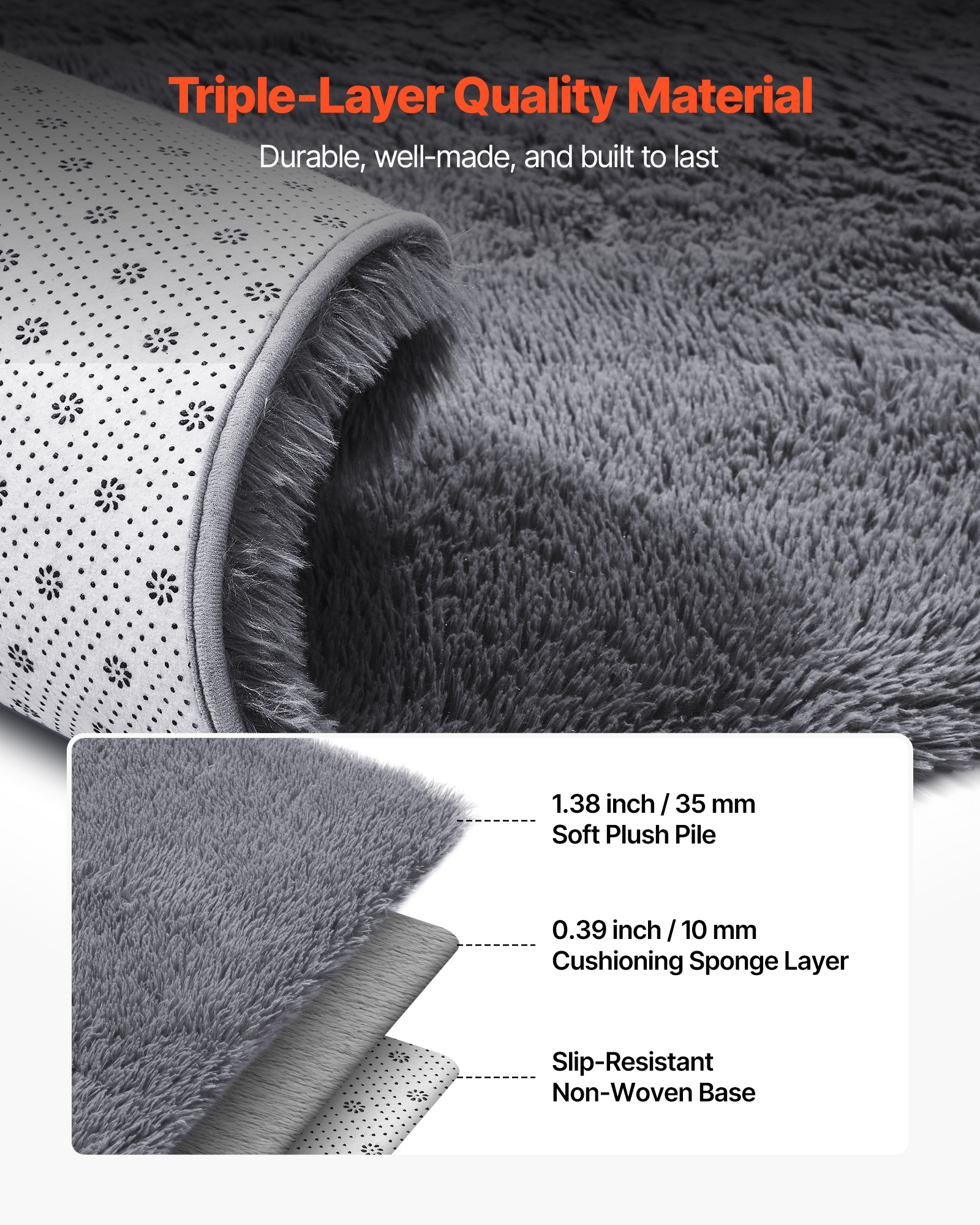 VEVOR Indoor Plush Area Rugs, 8 x 10 ft Soft Plush Carpet, Furry Shag Area Rugs for Living Room, Bedroom, Sunroom, Modern Home Decor Aesthetic, Non-Shedding, Non-Woven, Slip-Resistant, Smoke Gray