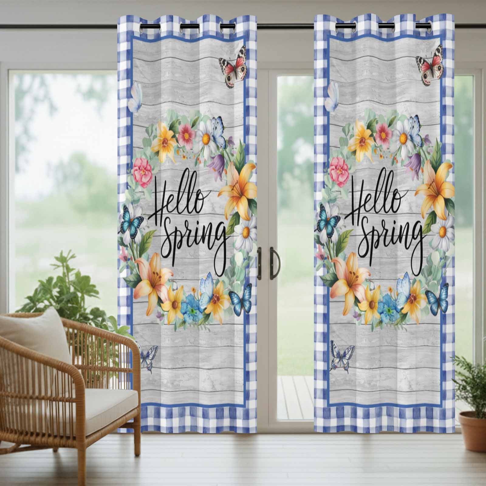 Outdoor Curtains for Patio Waterproof, Hello Spring Windproof Pravicy Outside Porch Blackout Curtain, Farmhouse Floral Eucalyptus Wood Blue Plaid Sun Blocking Grommets Curtains for Cabana 54"x108"
