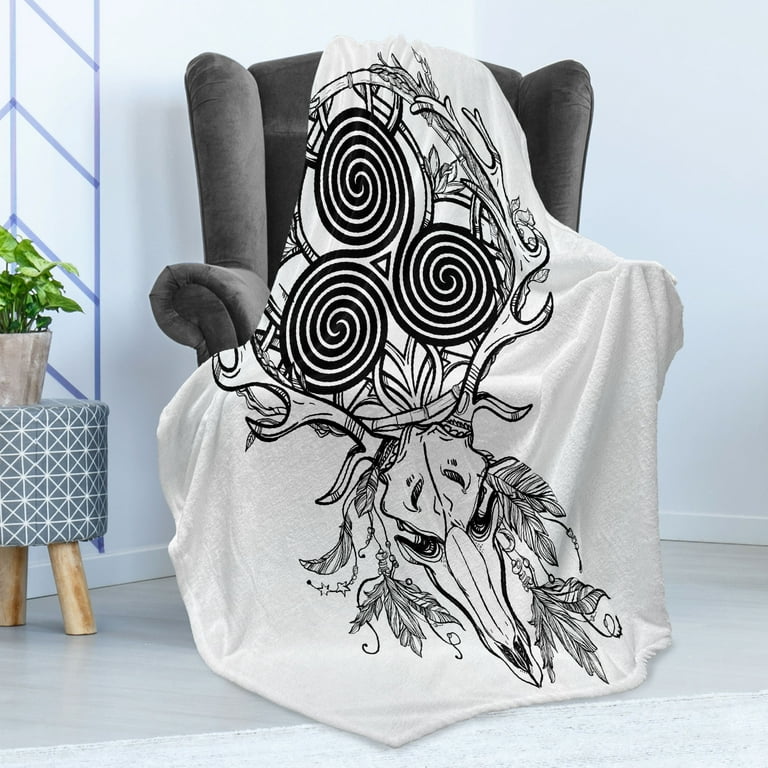 Celtic Soft Flannel Fleece Throw Blanket Deer Skull with Feather and Celtic Spiral on the Horns Boho Cozy Plush for Indoor and Outdoor Use 60