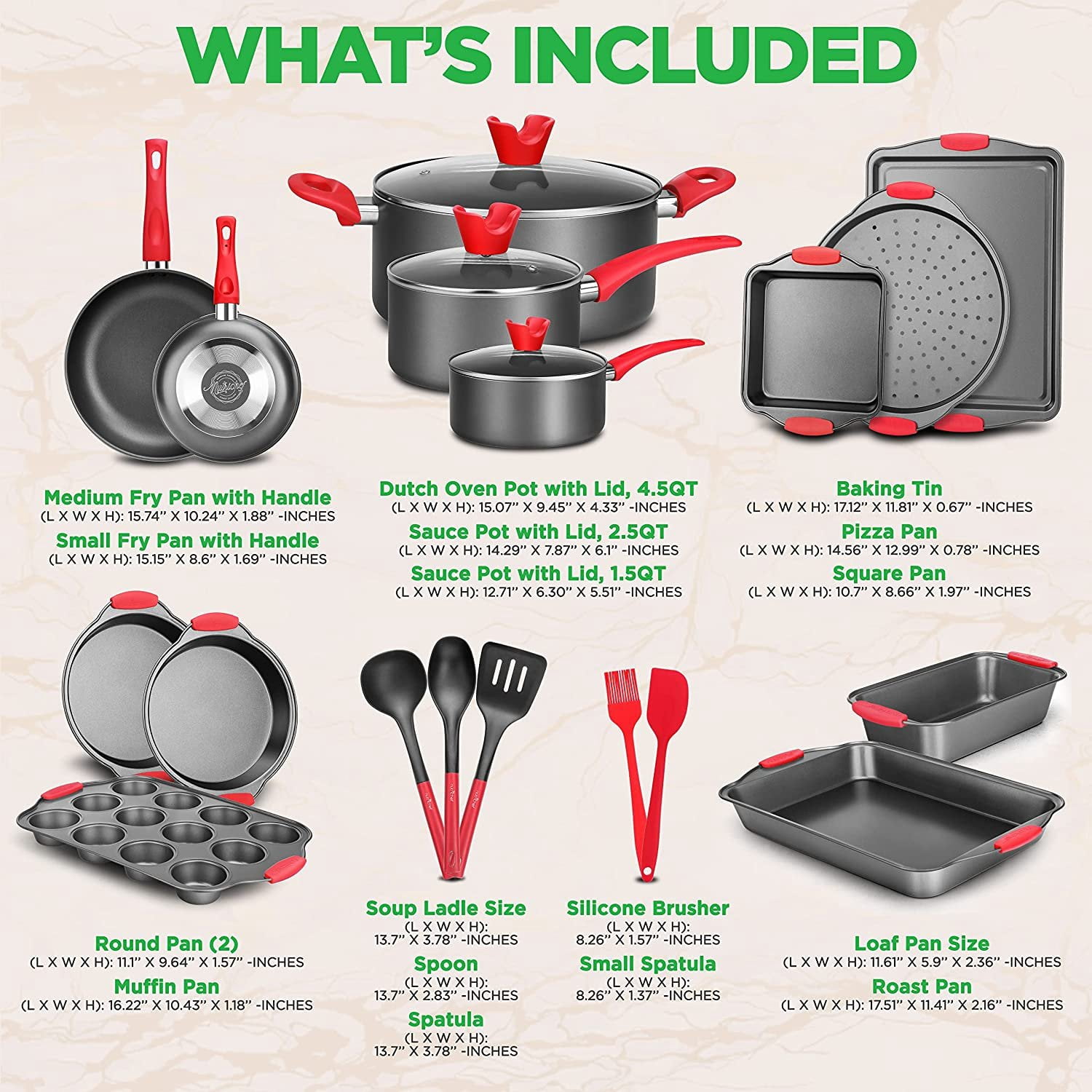 21-Piece Nonstick Cookware Set Heat Resistant Lacquer Kitchen Ware Pots Pan w/ Cool-Touch Handles, Saucepan, Fry Pans, Lid, Bakeware, For Gas Electric Ceramic Cooktops