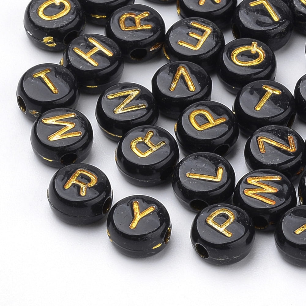 500gs Opaque Acrylic Beads Metal Enlaced Horizontal Hole Flat Round Mixed Letters Black 7x4mm Hole: 2mm about 3700pcs/500g