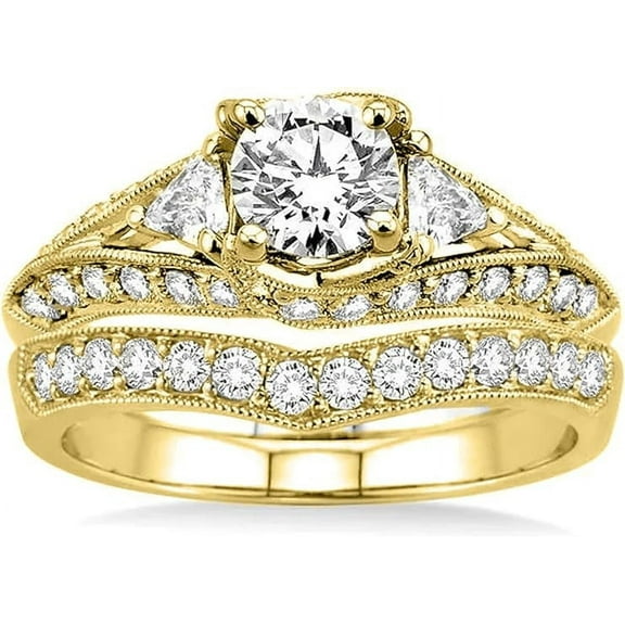 Gems Jewels 2.80 Ct Round Cut White Diamond Engagement Wedding Thanksgiving Christmas Bridal Ring Set 14K Yellow Gold Plated 925 Sterling Silver For Women's -9.5