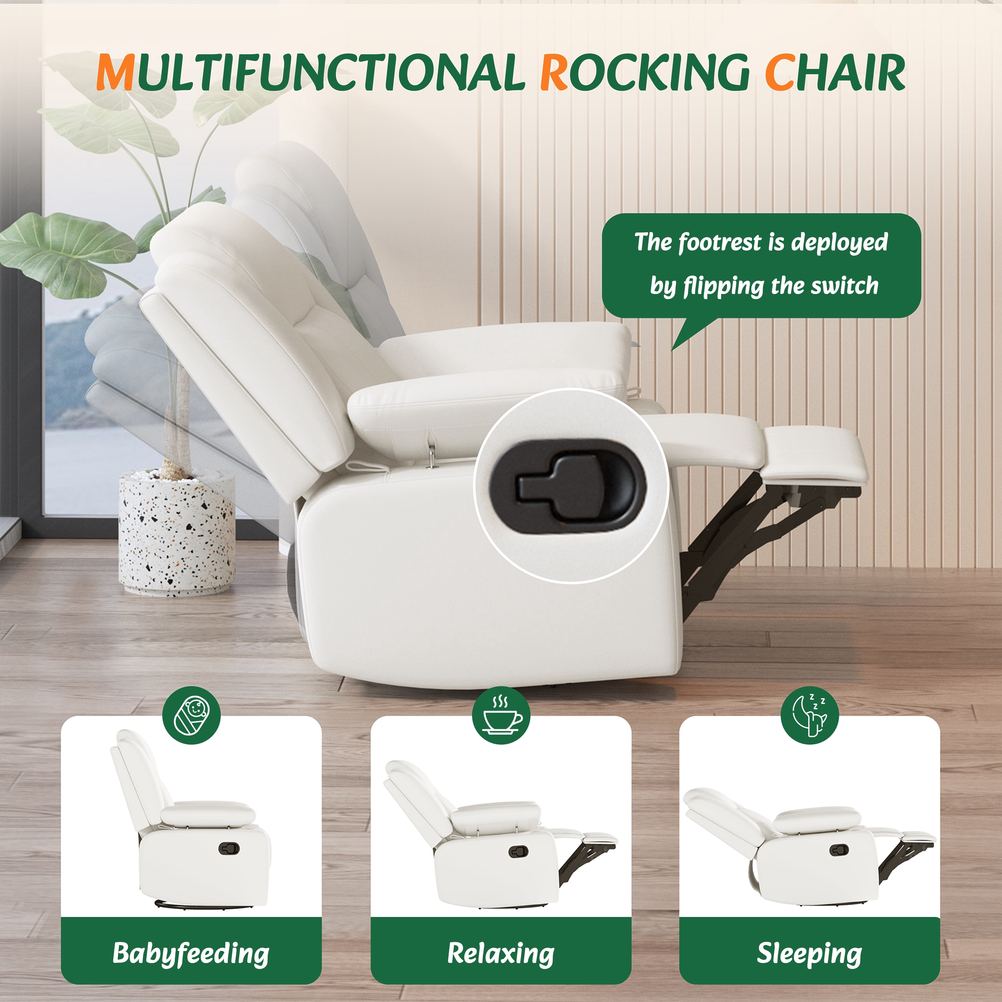 LAZZO Recliner Chair with Adjustable Armrest and Headrest, Upholstered Swivel Rocking Chair for Nursery & Living Room, Beige