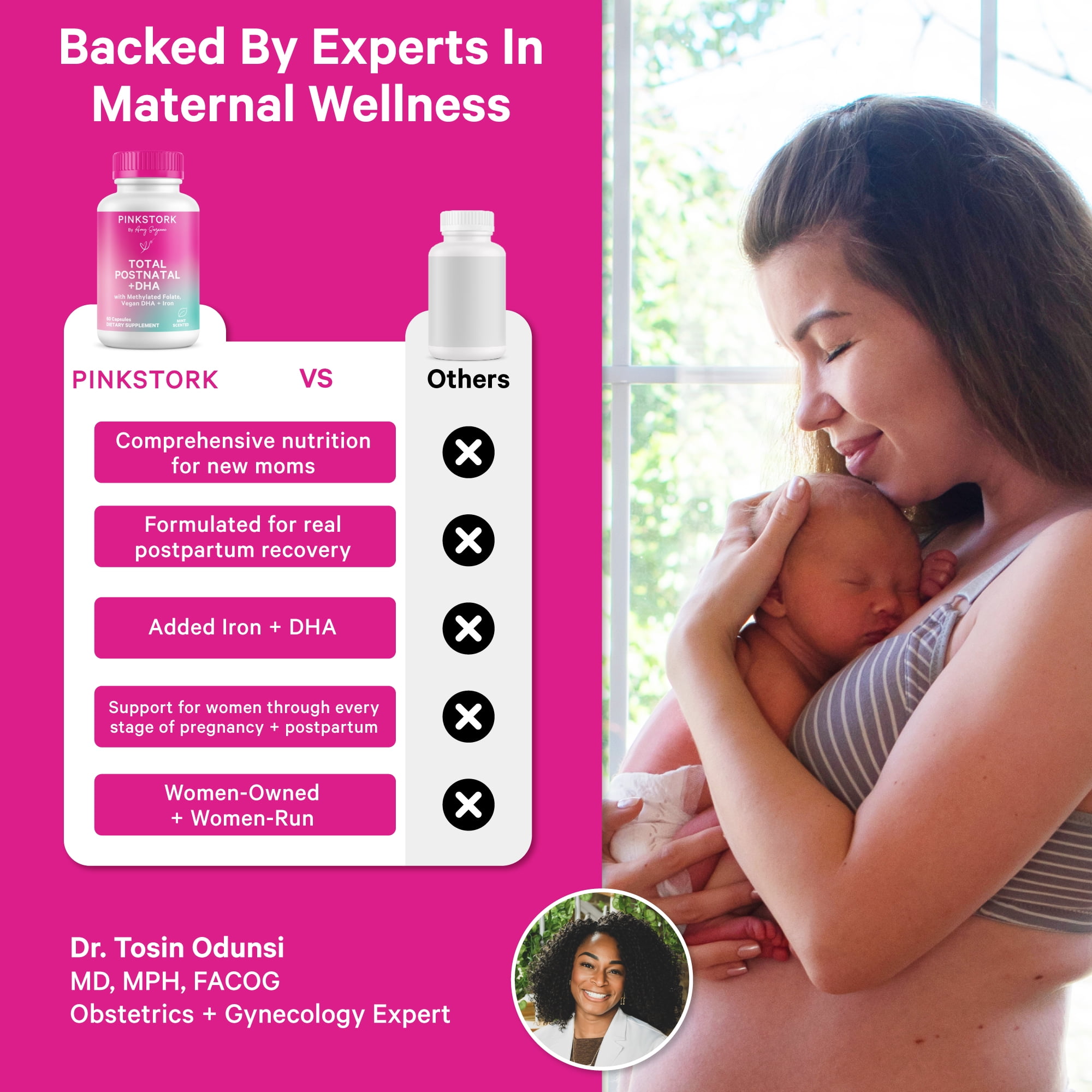 Pink Stork Postnatal Multivitamin for Breastfeeding Moms, 60ct - Vegan DHA, Iron, Folate, and Vitamin B12