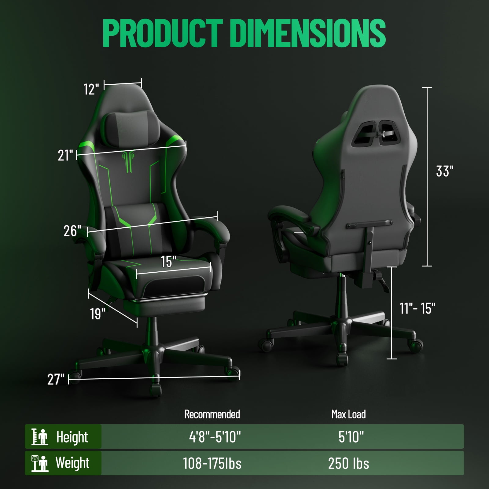 Luxvie Gaming Chair with Footrest High Back Ergonomic Gamer Chair with Headrest and Massage Lumbar Cushion Racing Reclining Video Game Chair for Adults, Black