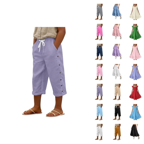 Girls Casual Pants Elastic Waist With Loose Fit Side Snap Button Versatile Solid Color Trousers