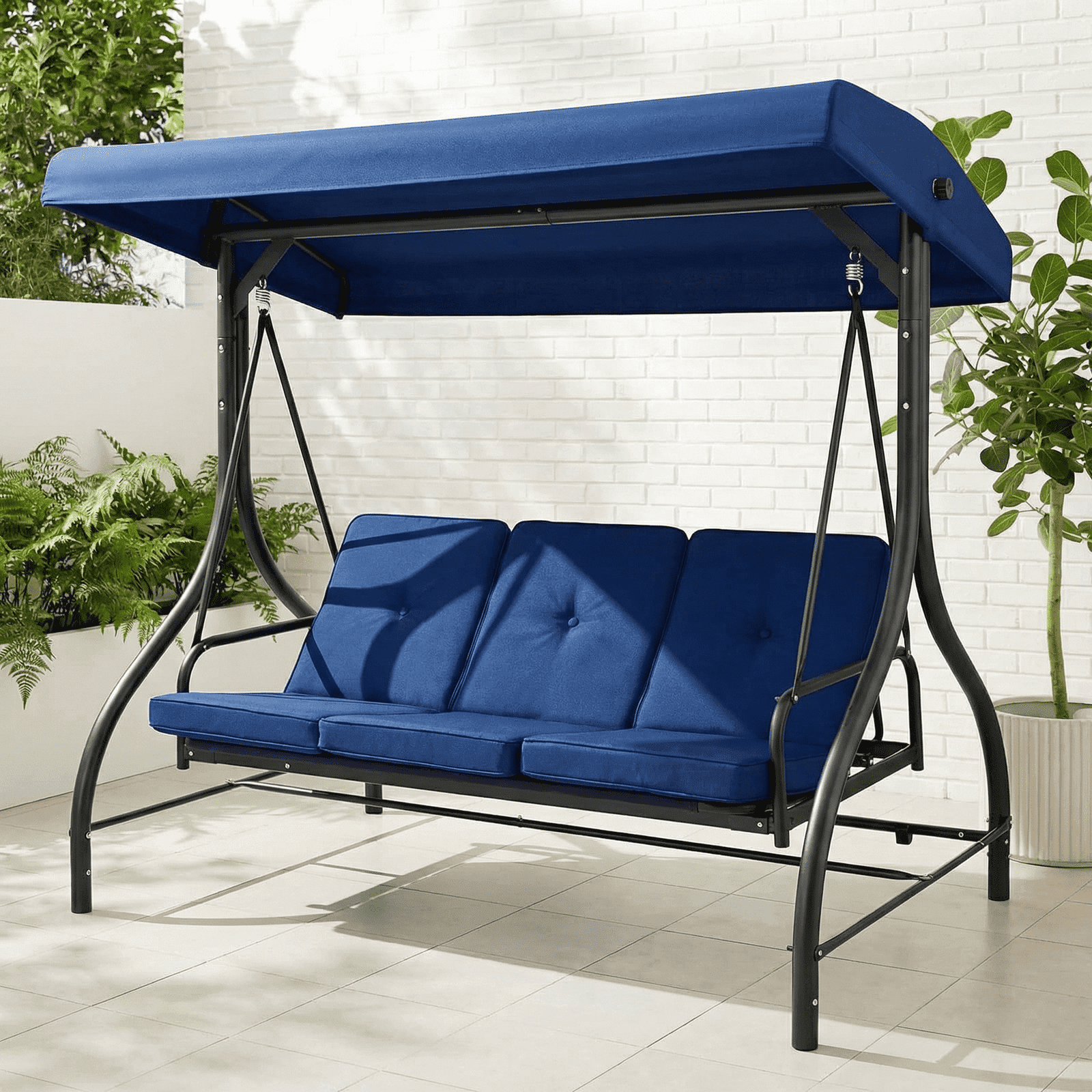 Pirecart 3 Person Patio Porch Swing Outdoor Converting Swing Glider Hammock with Adjustable Canopy, Cushions, Garden, Yard, Blue