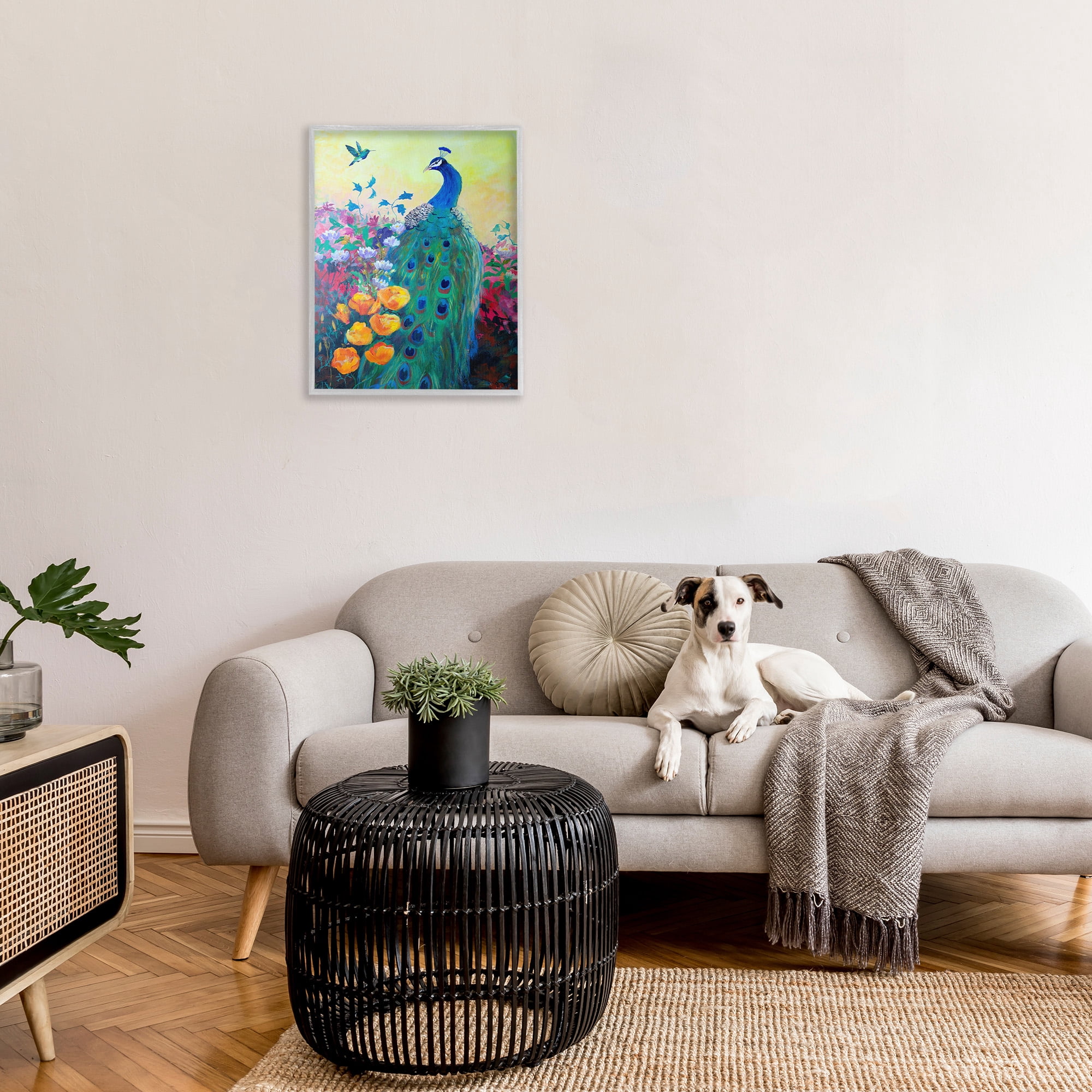 Stupell Industries Peacock & Garden Flowers Animals & Insects Painting Gray Framed Art Print Wall Art, 24 x 30
