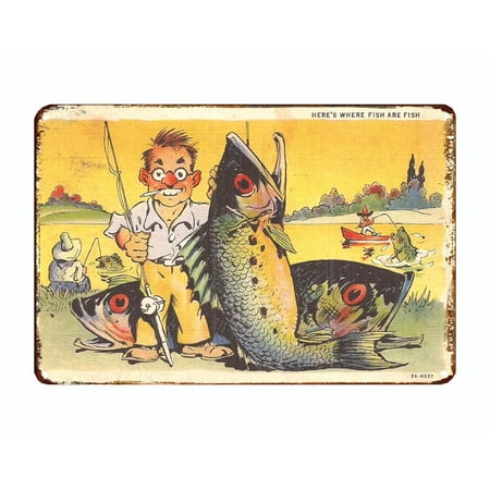 Comical Fishing Postcard fishing big fish Silly Funny metal tin sign  vintage style reproduction 12 x 8 inches | Walmart Canada