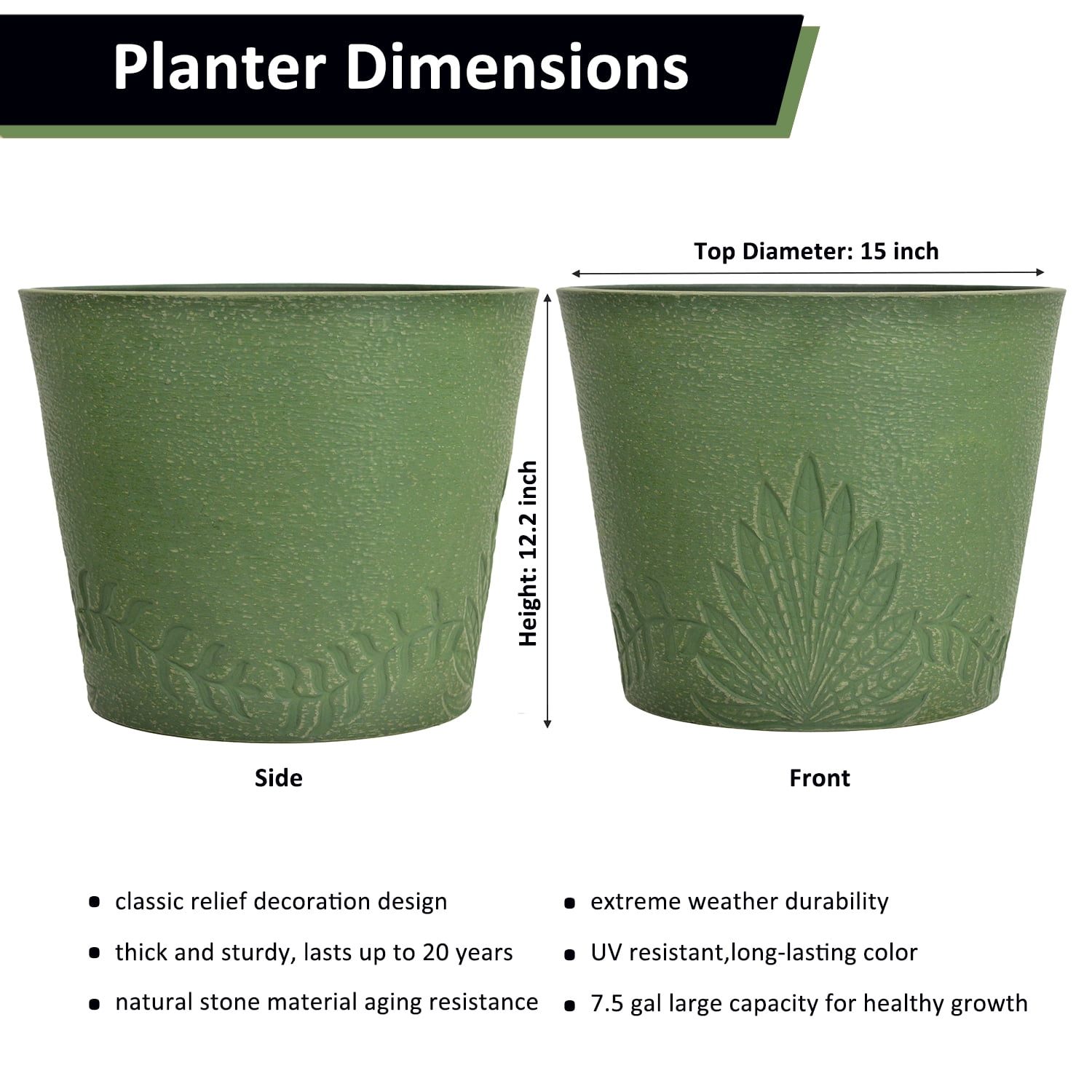 GreenShip 15 inch Large Planters, Set of 2 Relief Planters - Recycled Resin & Stone Composite Flower Pots - Weather Resistant Lightweight Garden Pots for Indoor Outdoor Plants