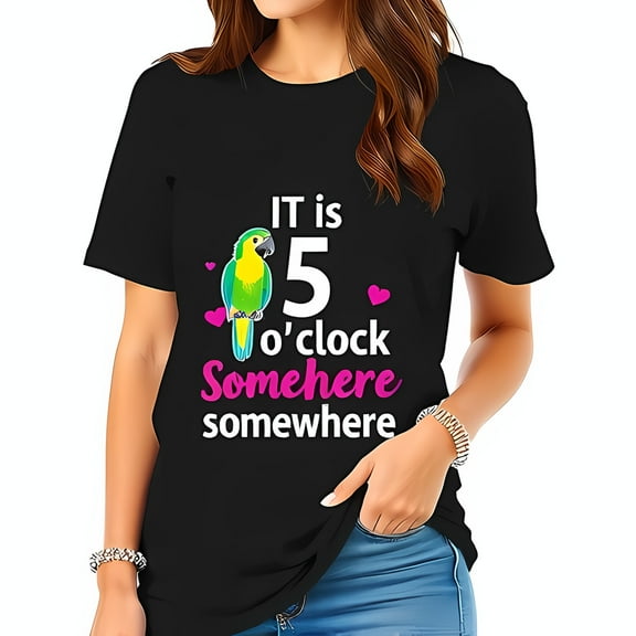 It is 5 o'clock Somewhere Black T-Shirt with Parrot & Hearts - Fun Casual Tee for Everyday Wear