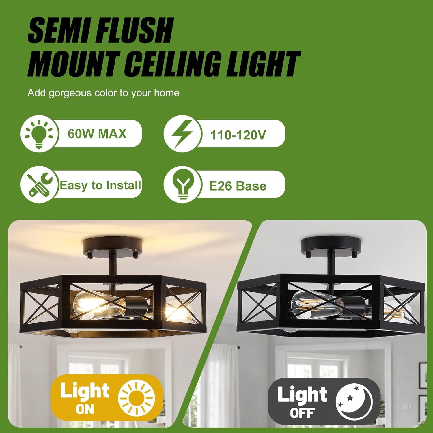 3-Light Kitchen Light Fixtures Ceiling Mount, Black Semi Flush Mount Ceiling Light for Dining Room Light Fixture, Farmhouse Close to Ceiling Lights with Metal Hexagon Cage for Bedroom Hallway